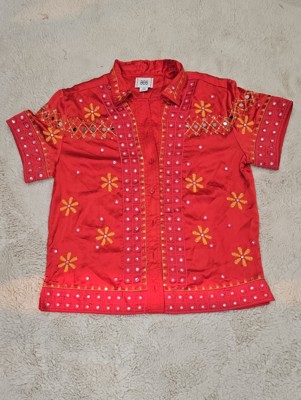 BDG Red Short-Sleeve Embroidered Button-Down Shirt